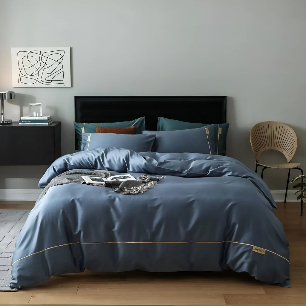 Embroidered pure cotton four-piece bed sheet set with quilt cover, bed sheet and pillowcase in blue, champagne, grey, pink or white.