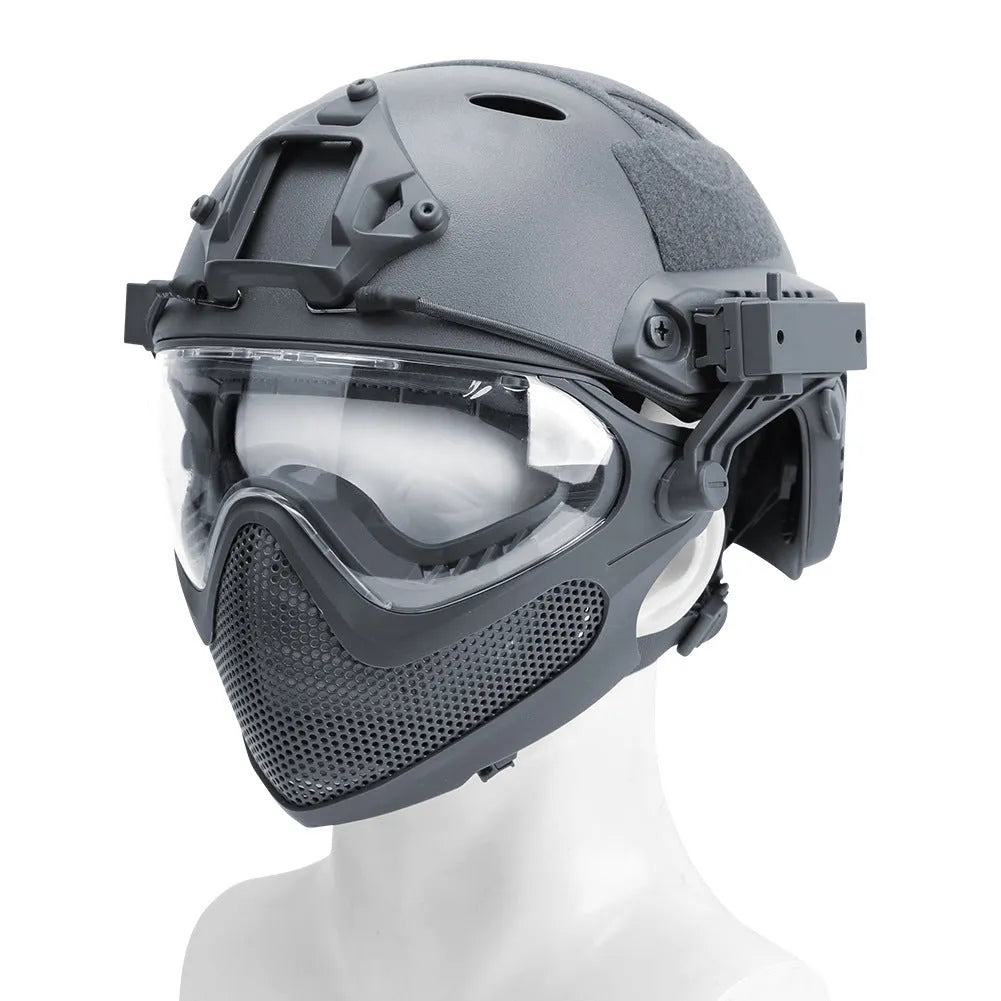 ABS integrated helmet with loading and unloading mask, shown in black, green, sand, CP, black CP and grey, sizes M and L