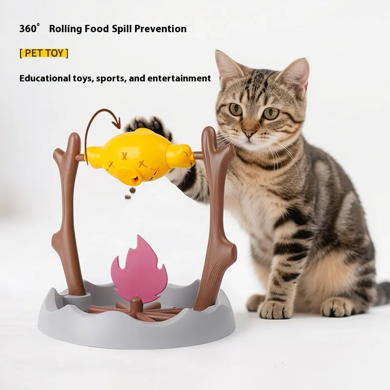 Barbecue-style tumbling cat feeder toy with leakage food compartments measuring 30cm cube