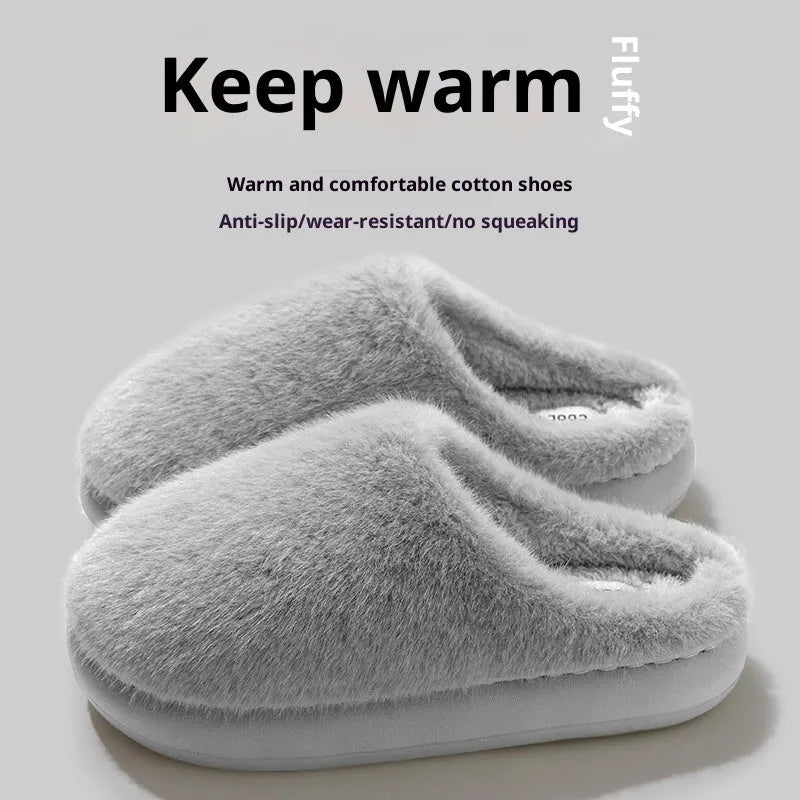 Non-slip winter cotton-padded slippers with artificial wool lining and plush upper, flat heel, sizes 36-45