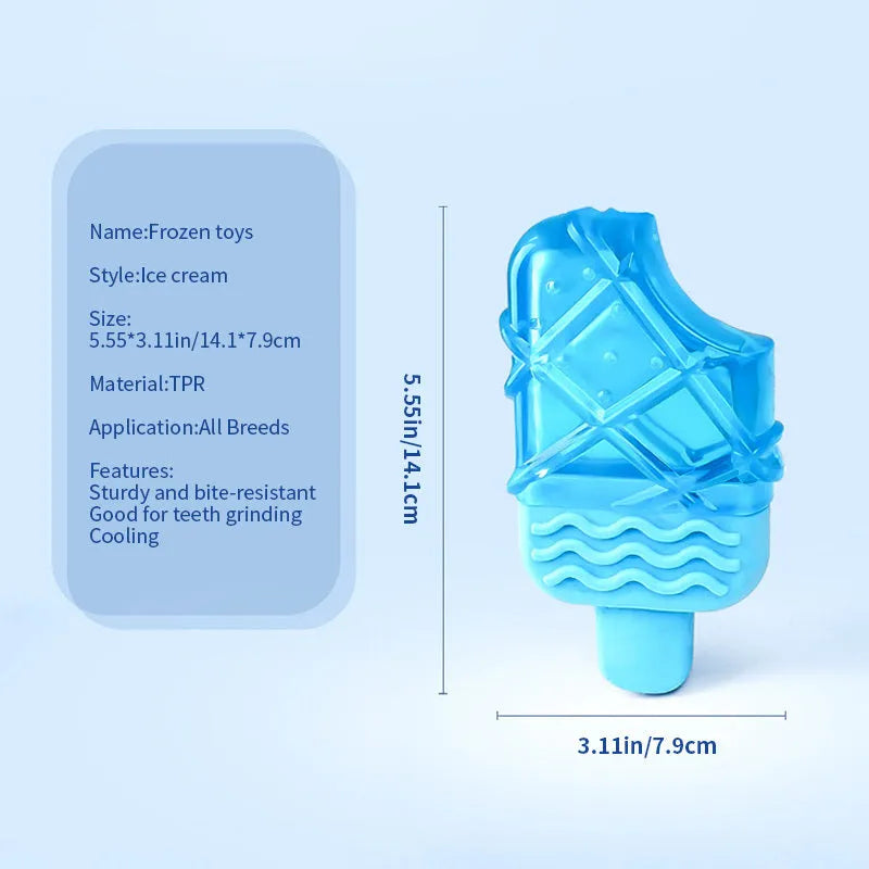 Set of three BPA-free silicone dog toys: a blue pacifier, a red popsicle, and a green ring, designed to be filled with water and frozen.