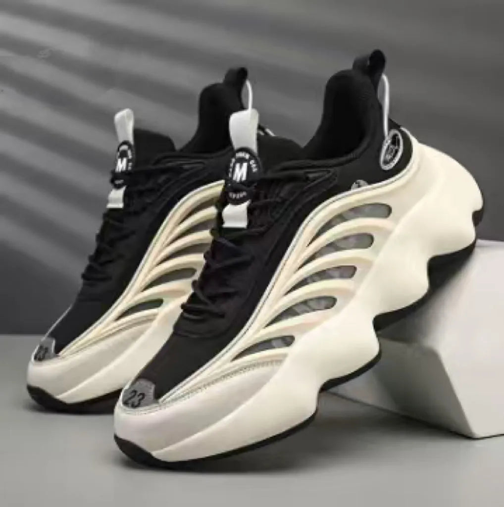 Men's retro low-top mesh dad shoes with thick wear-resistant sole, front lace-up, black or white, sizes 39-45