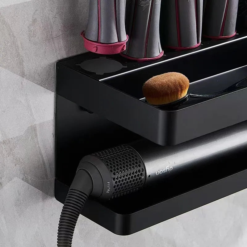 Aluminium double-layer punch-free bathroom storage rack for hair curlers in black colour