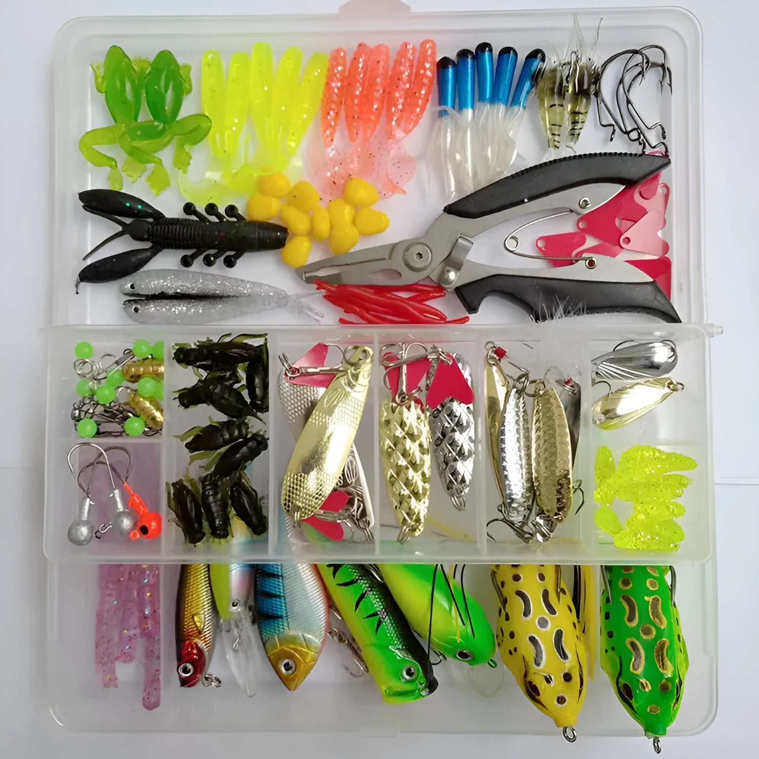 142-piece fishing lure set with metal pliers showing hard mino lures and sequin baits