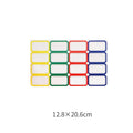 Assorted handwritten label stickers, A6 transparent ruler, grid stickers, and coloured sticky notes on paper.