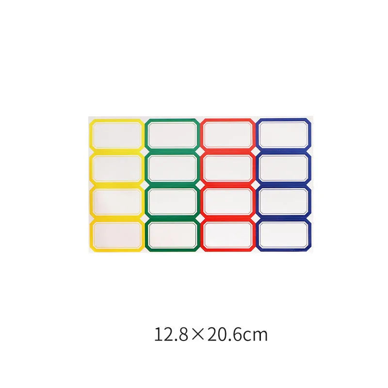 Assorted handwritten label stickers, A6 transparent ruler, grid stickers, and coloured sticky notes on paper.