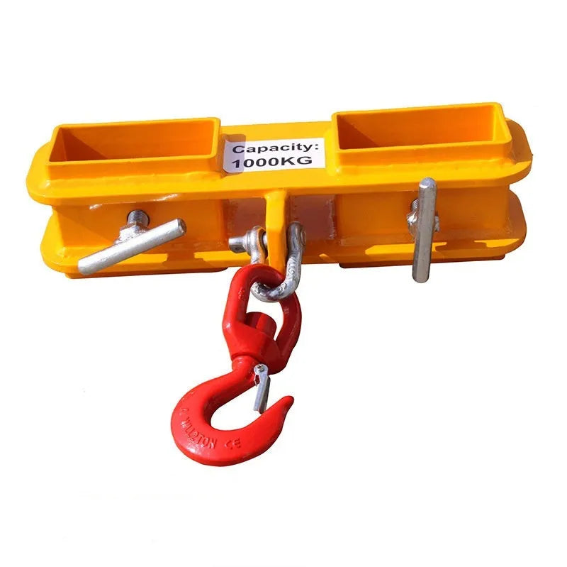 Iron forklift crane hook with rotatable head and safety lock mounted on forklift forks.
