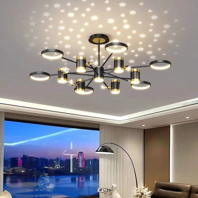 Black iron chandelier with 13 LED heads and 1000mm diameter hanging in a living room