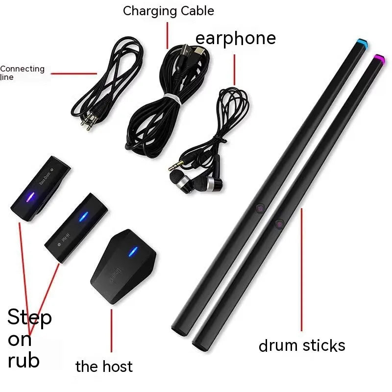 Black wireless somatosensory air drum kit host unit with drumsticks on a table.