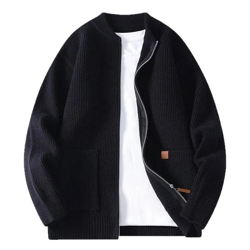 Men's striped cardigan in beige, available in sizes M to 4XL, straight cut.