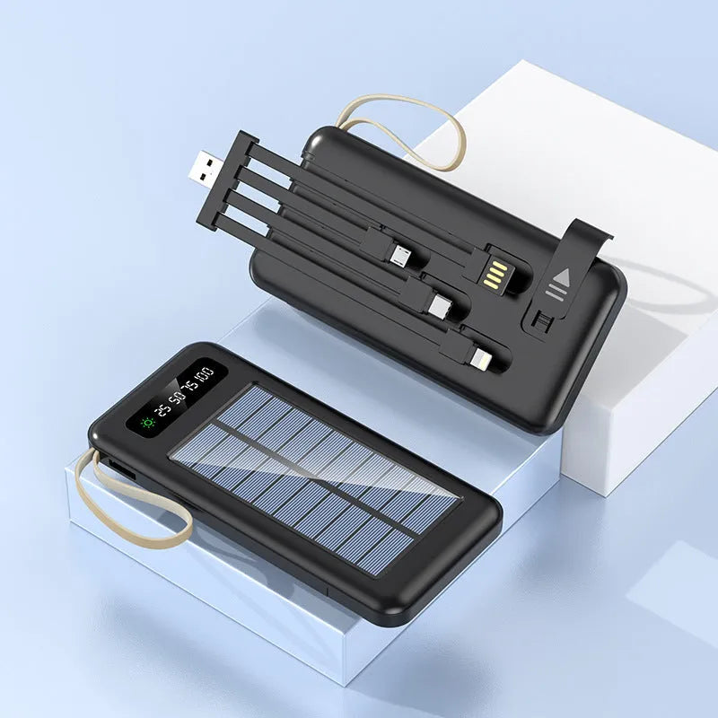 Solar power bank in black or white plastic shell showing dimensions and capacity options