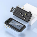 Solar power bank in black or white plastic shell showing dimensions and capacity options