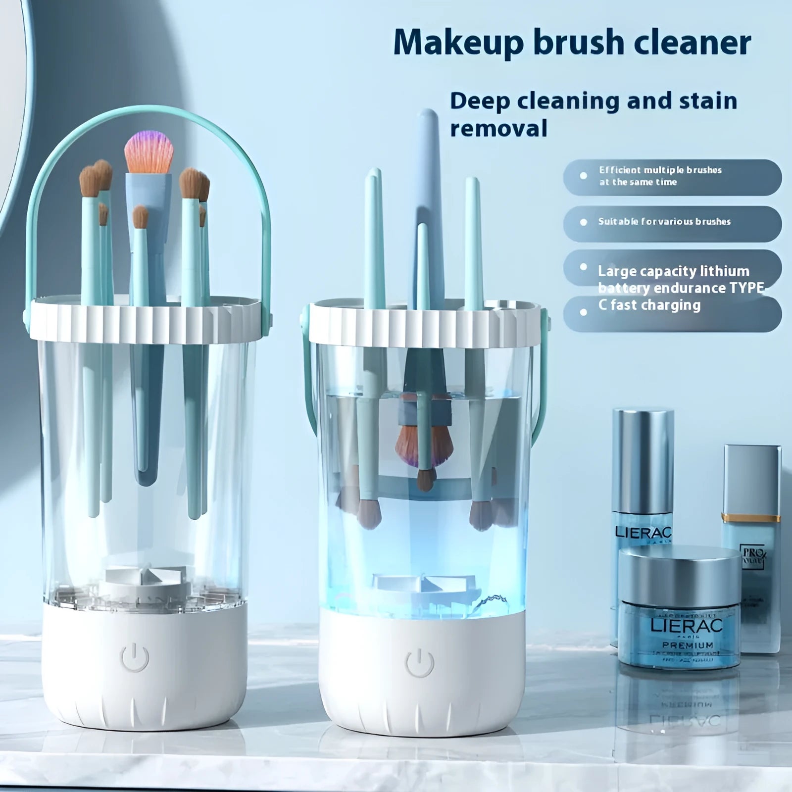 White rechargeable electric makeup brush cleaning tool with USB cable