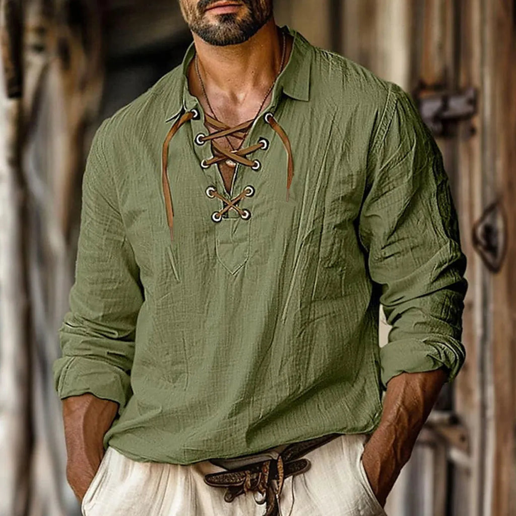 Men's loose fit long sleeve linen shirt with decorative lace detailing on the lapels.