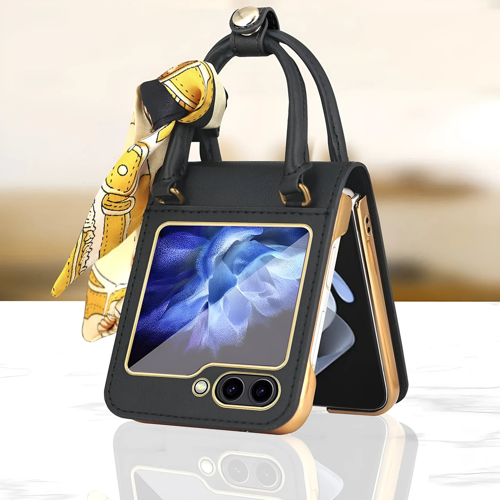 Electroplated handbag phone case for Samsung Galaxy Z Flip 5 with ribbon ornament and hinge cover