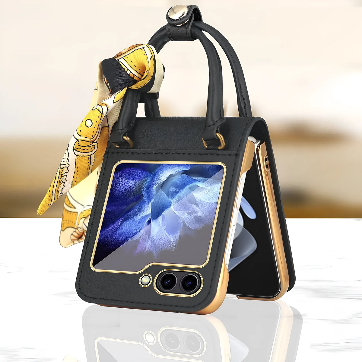 Electroplated handbag phone case for Samsung Galaxy Z Flip 5 with ribbon ornament and hinge cover