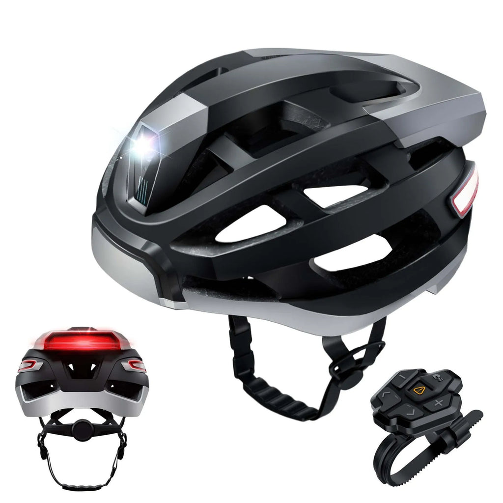 Smart black and grey cycling helmet with integrated warning lights showing USB charging port