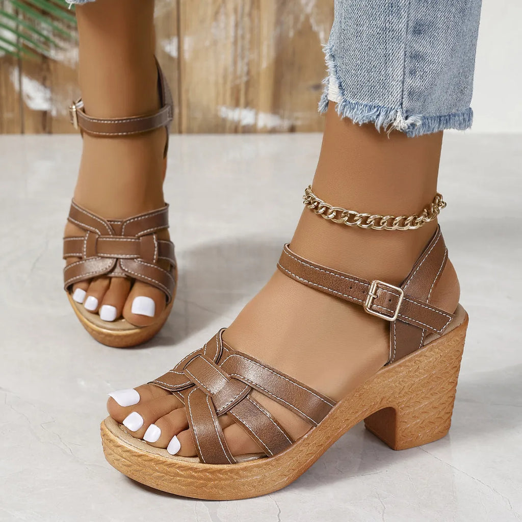Plus size Roman women's peep toe sandals with chunky heel and ankle buckle in black, brown or white