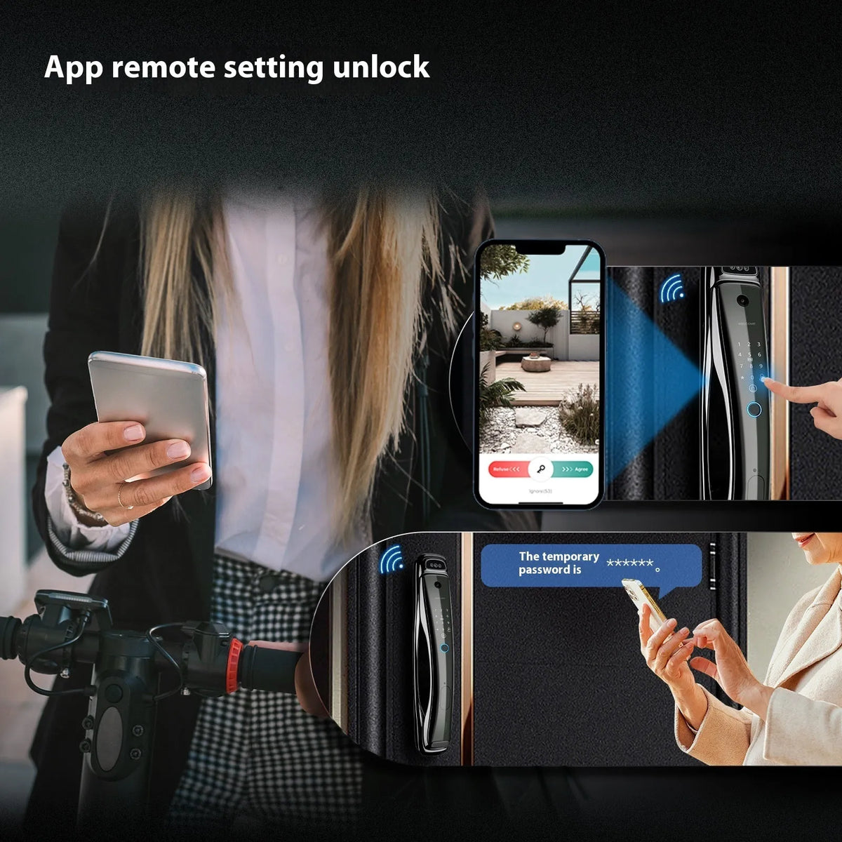 Face recognition intelligent security door lock with WiFi, 6068 lock body, and 4200mAh lithium battery in black finish