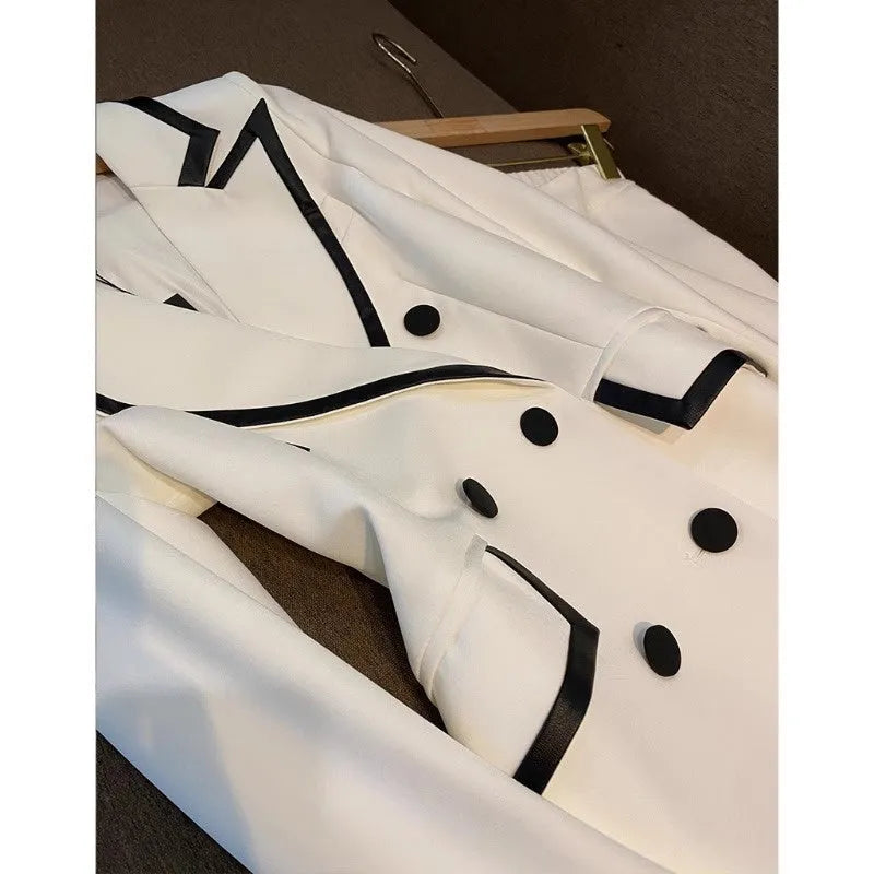 White polyester women's two-piece suit set with top and trousers, conventional sleeve, sizes S to 3XL