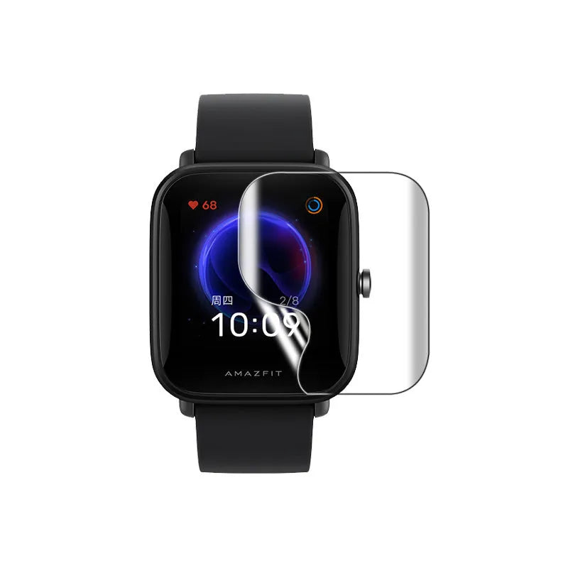 Amazfit Bip S smartwatch with clear TPU hydrogel screen protector showing anti-scratch protection