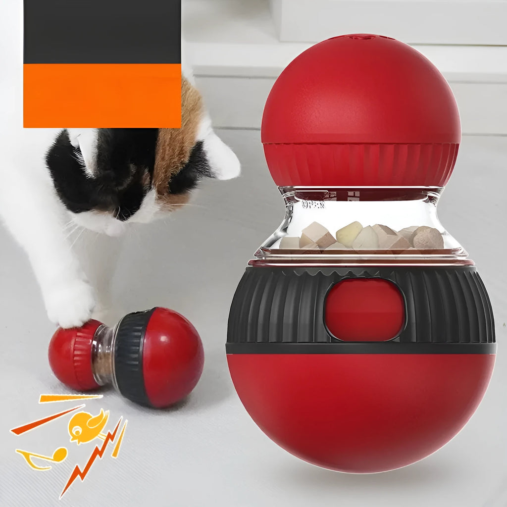 Rotating plastic cat toy with dropping ball and sound effects in toy cat and super ball design
