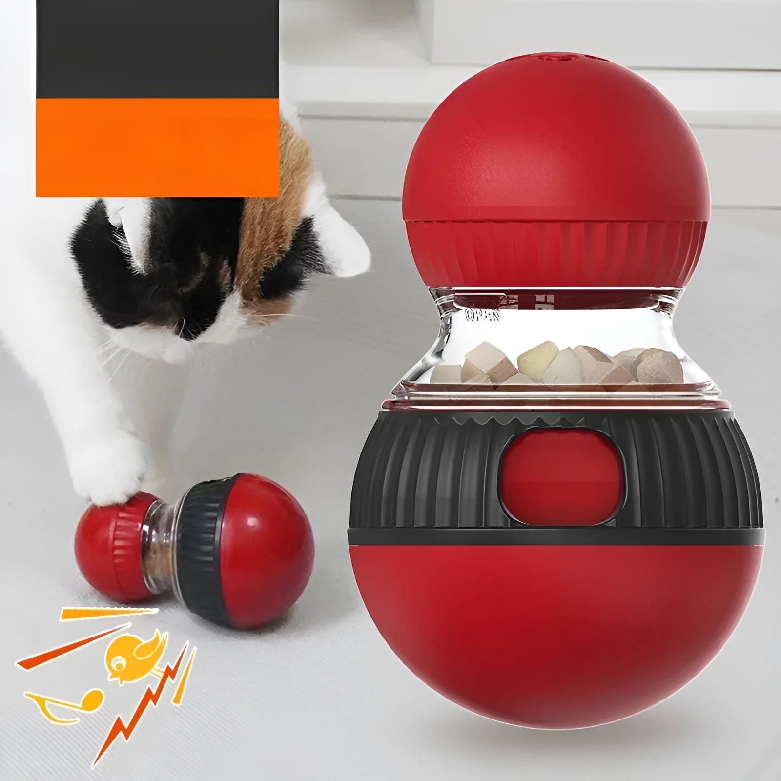 Rotating plastic cat toy with dropping ball and sound effects in toy cat and super ball design
