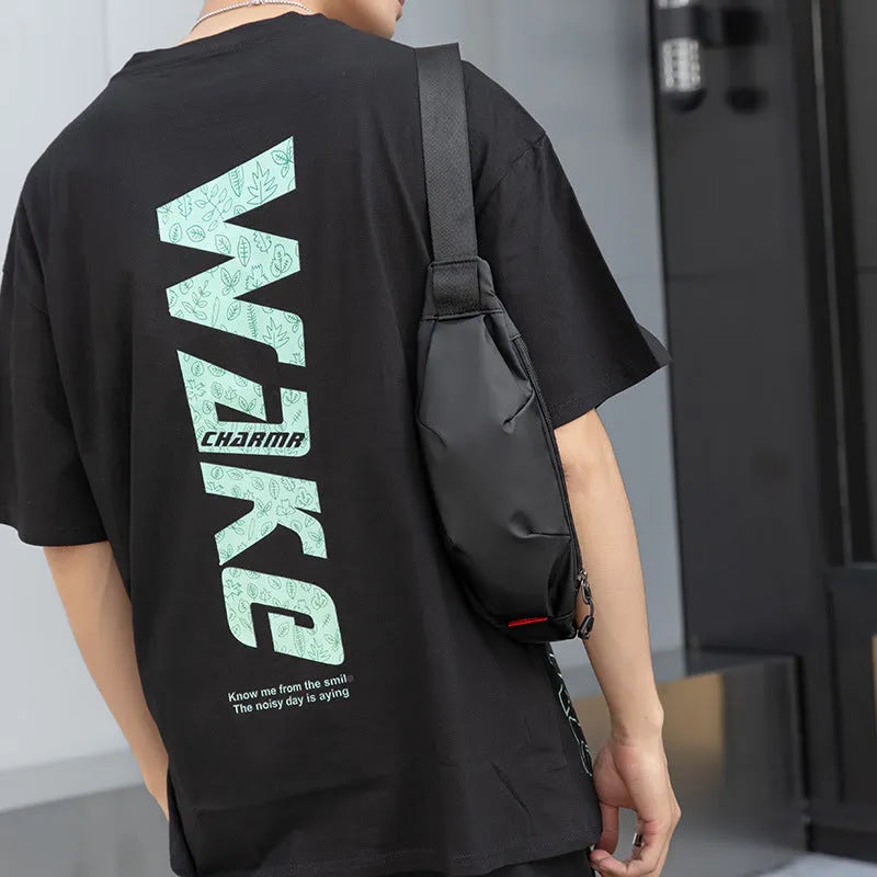 Black Oxford cloth waist pack with crossbody strap showing internal phone and ID card pockets