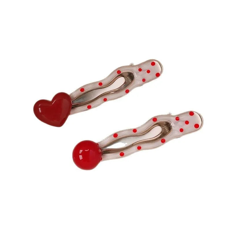 Red heart-shaped hairpin with French retro dots and willow leaf clip, Korean style barrette for women