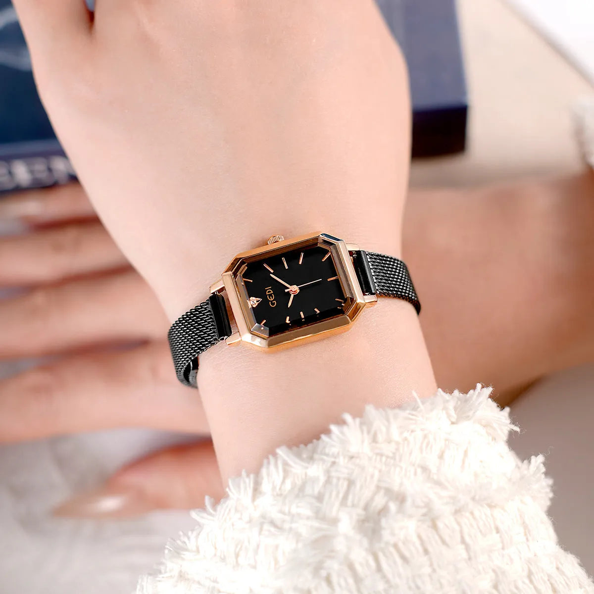 Women's square retro casual watch with rose shell case showing colour options including green, white, blue and black dials