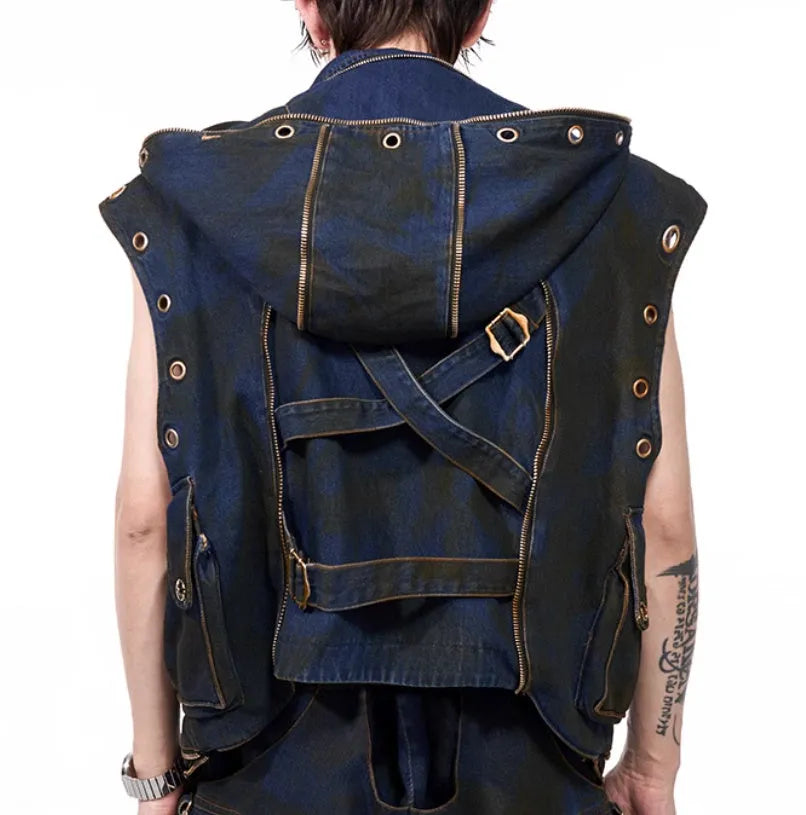 Blue hooded denim vest coat and matching trousers Korean style outfit set