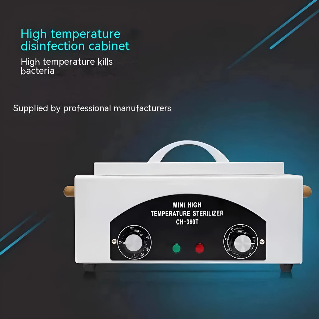 Grey household oral and dental disinfection cabinet with timing and high temperature, iron and stainless steel, 300W.
