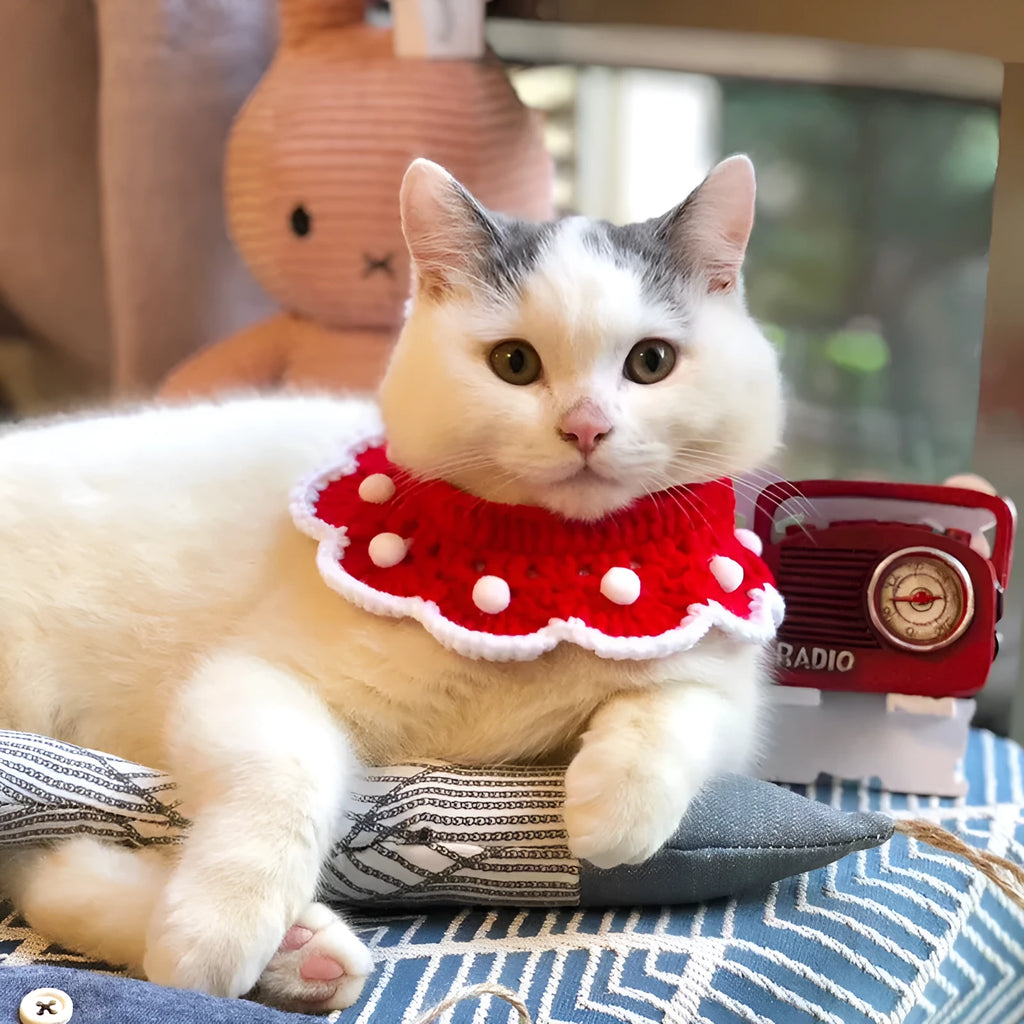 Handmade cartoon-pattern knitted collar for pet cat, dog, or rabbit made from soft milk cotton yarn.