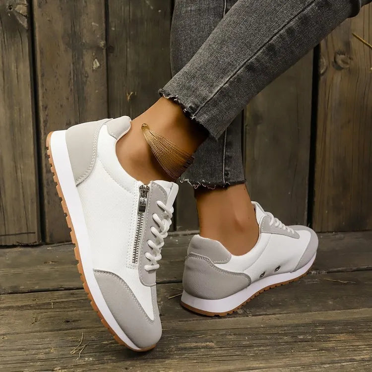 Women's flat-heeled casual shoes in grey, white or champagne with artificial PU upper and rubber sole