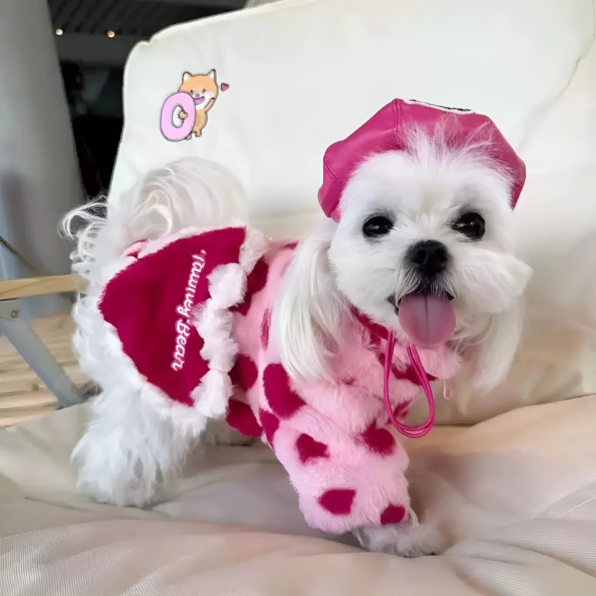Polyester plush warm coat for small dogs in pink or brown colours, British style design