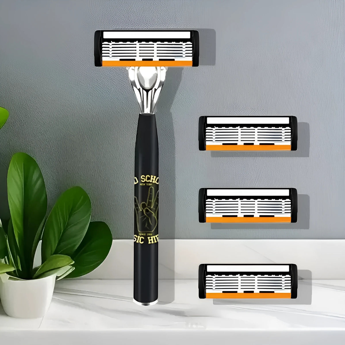 Black manual shaver handle with six-layer cutter head and various blade refill packs