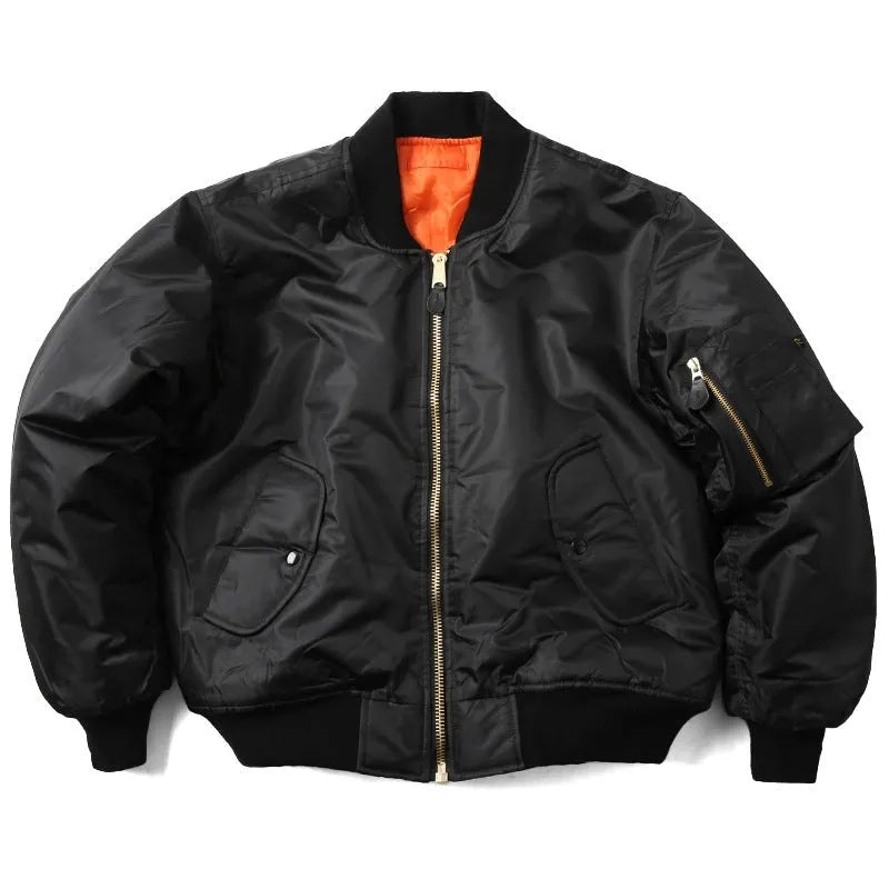 Men's army green cotton-padded pilot jacket with a loose fit and zipper front.