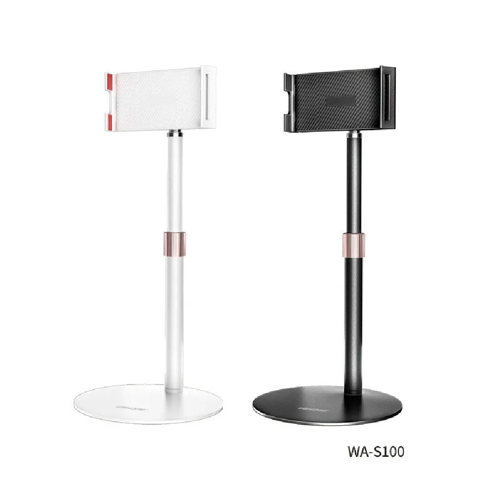Black adjustable metal tablet bracket with telescopic arm extended, holding an 11-inch tablet