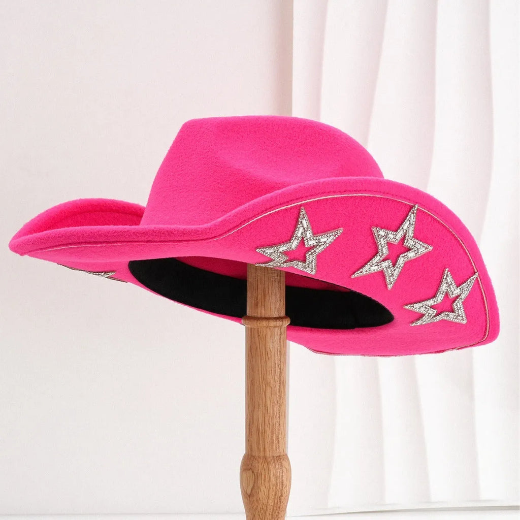 Beige polyester western-style top hat with a conical crown and a hexagonal star decoration on the side.