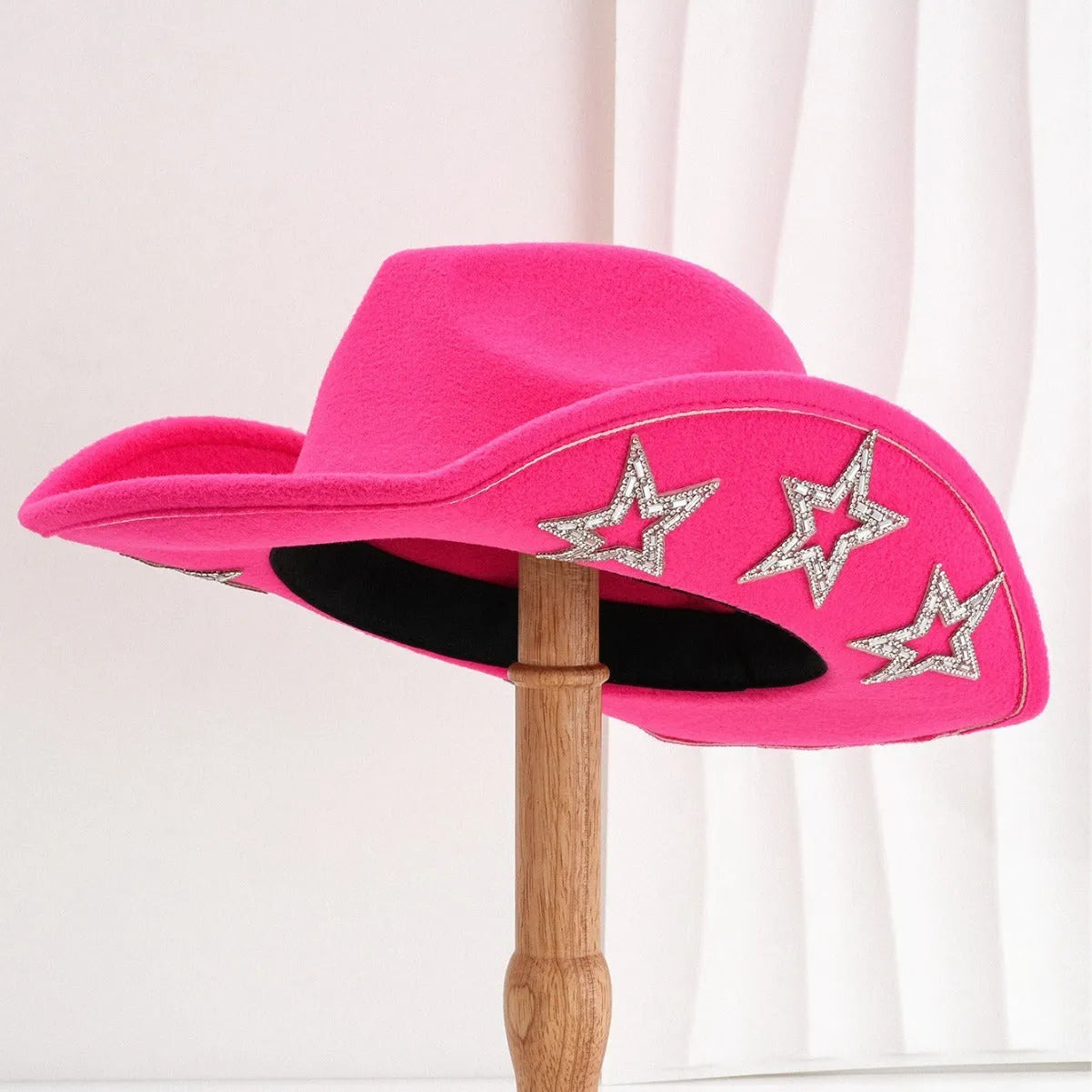 Beige polyester western-style top hat with a conical crown and a hexagonal star decoration on the side.