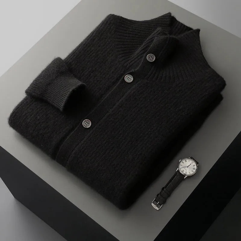 Men's loose fit stand collar cardigan in solid olive green, thickened knit daily outerwear