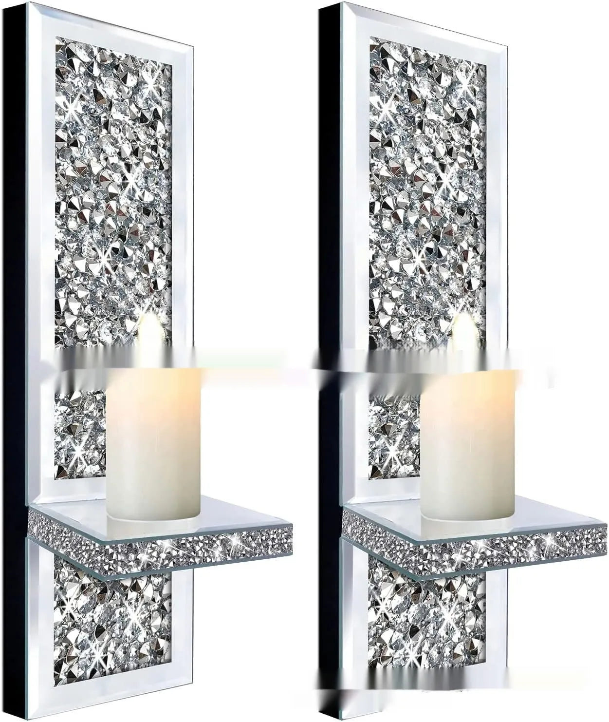 Pair of modern silver mirror wall candle holders with crystal candlesticks, dimensions 10x11x38cm.