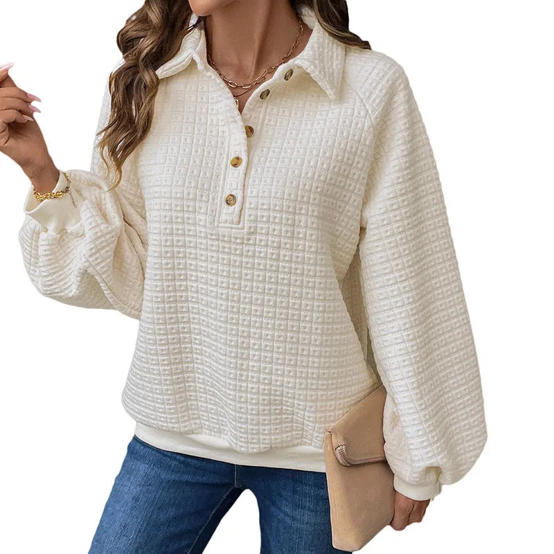 Women's milky white textured polo collar thick knit sweater on a hanger