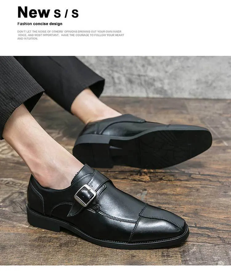 Men's British style retro buckle casual leather shoes in black and brown-blue colours