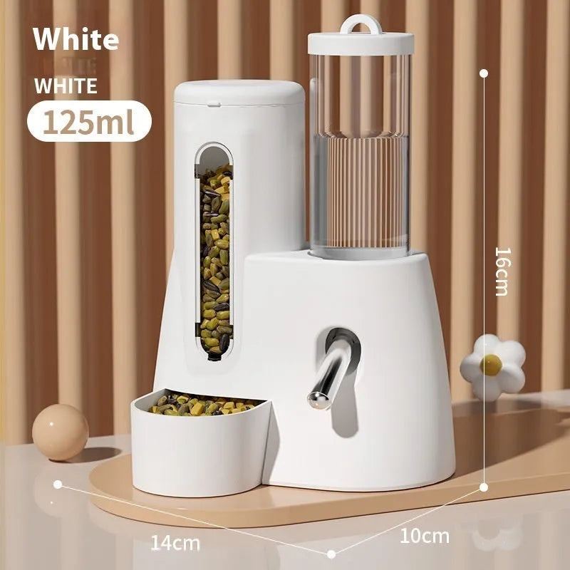 White hamster automatic drinking water feeder with integrated food basin for cage placement
