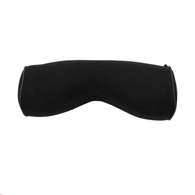 Minimalist brown car headrest with integrated neck pillow and lumbar support cushion.
