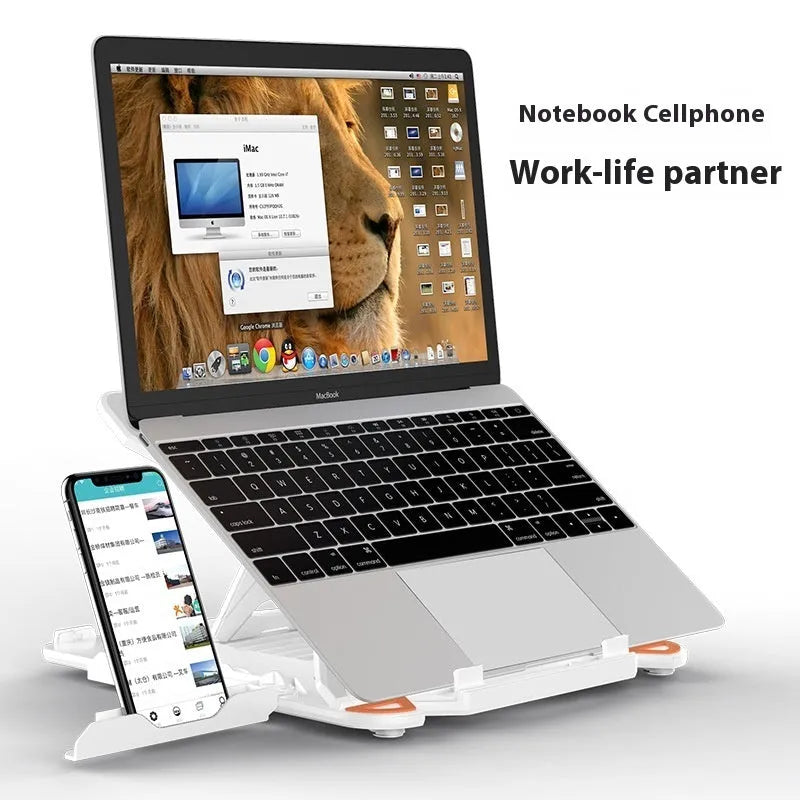 Black and white laptop bracket stand on a desk, showing its 300mm by 200mm size and low profile.
