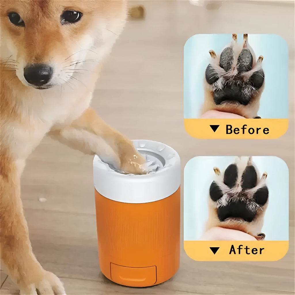 Semi-automatic pet foot washing cup in grey or orange, 14.5cm ABS paw cleaner with inner brush roller