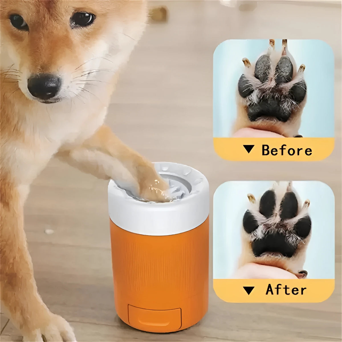 Semi-automatic pet foot washing cup in grey or orange, 14.5cm ABS paw cleaner with inner brush roller