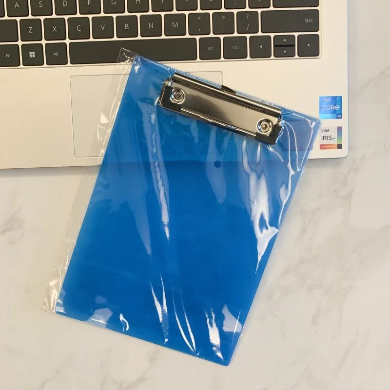 Transparent A4 plastic clipboard with metal clip in blue, green, red or white colour options